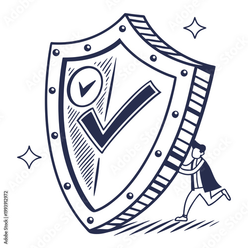 Person pushing a large protective shield with a success checkmark icon, security