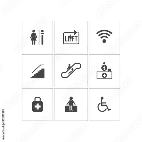 Collection of modern icons: restroom, lift, wifi, stairs, escalator, info, first aid, seating, wheelchair