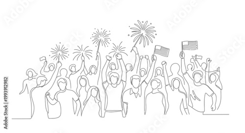 Crowd celebrating with fireworks and flag, line art illustration