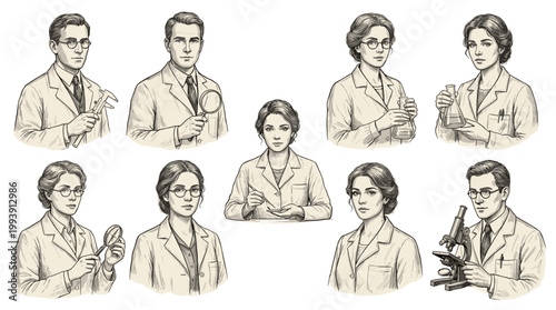 Diverse male and female scientists and engineers in lab coats with various tools