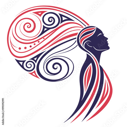 Stylized woman profile silhouette with decorative swirling hair patterns