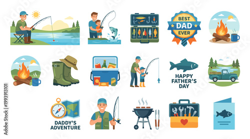 Father and Child Outdoor Activities with Fishing Camping and BBQ Icon Set