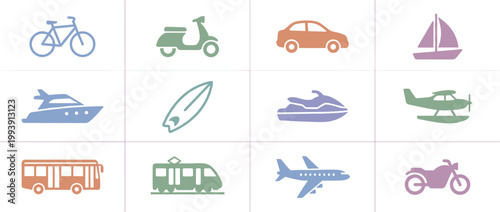 Transportation mode icons: Diverse options for travel across land air and sea