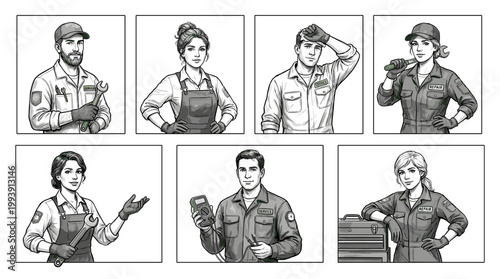 Collage of Diverse Skilled Tradespeople Posing Confidently in Uniforms and Tools