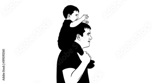 Father and son bond parent carrying child black and white illustration happy family concept