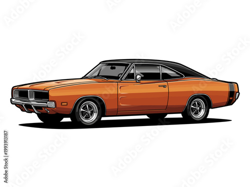 Illustration of a classic orange American muscle car with black roof