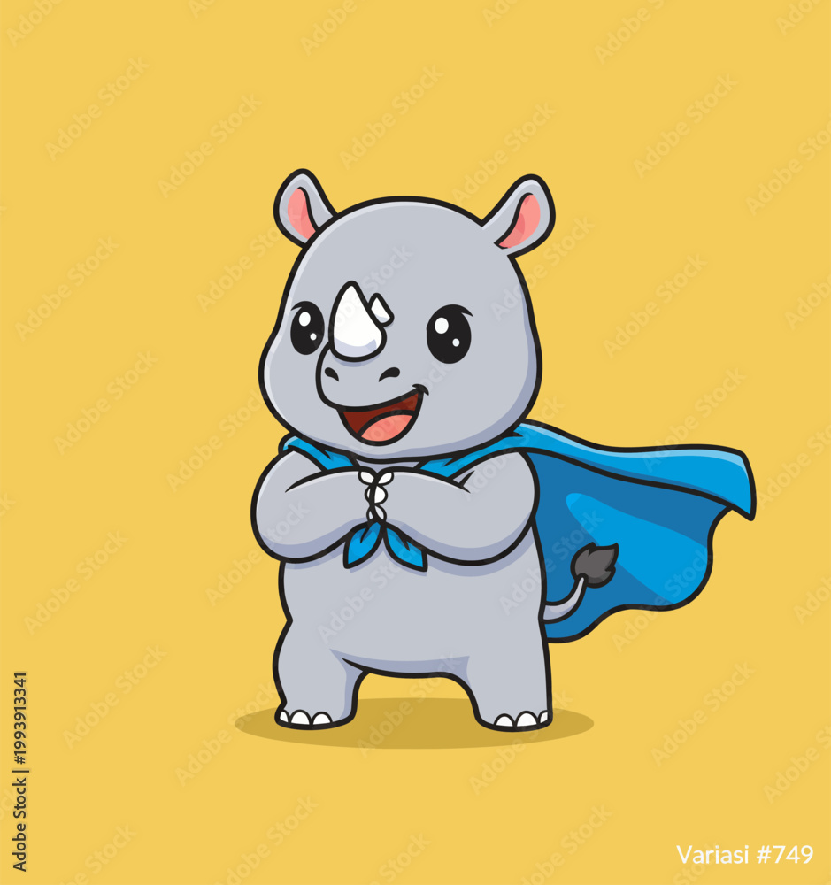 Fototapeta premium Cute superhero rhino with blue cape ready for action.