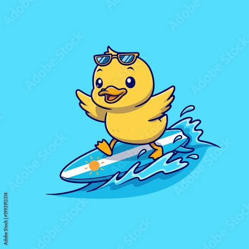 Photography Cute cartoon duck surfing on a surfboard with sunglasses.