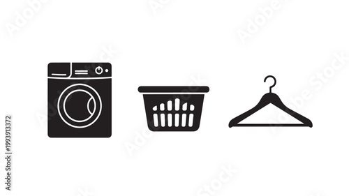 Laundry Icons Set Including Washing Machine, Laundry Basket, and Clothes Hanger on White Background For Household and Cleaning Concepts