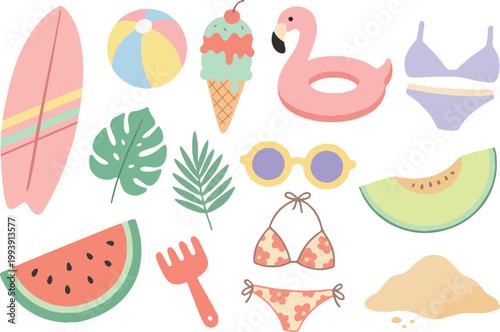 Flat vector set of summer beach vacation elements and tropical icons on white background
