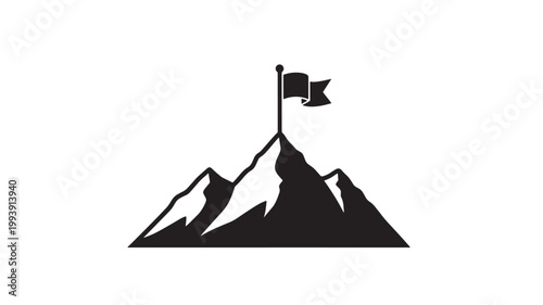 Black Mountain Peak Silhouette With Flag On Top Isolated On White For Success Concepts