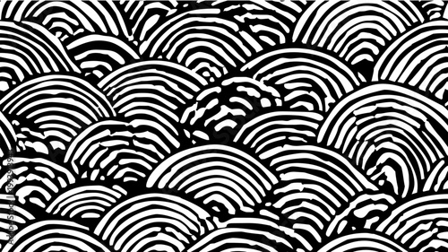 Japanese ripple pattern with hand drawn waves. Black and white seamless pattern forming abstract ripples or ocean waves