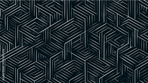 Abstract geometric pattern creating illusion of cubes. Repeating striped hexagons and rectangles forming a complex isometric structure