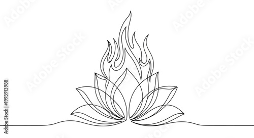 Fire Lotus Flower Line Drawing Art.
