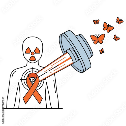 Human silhouette with radiation symbol treated with orange ribbon and light beam.