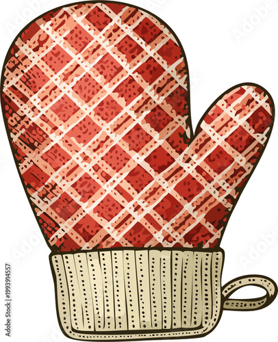 Hand drawn engraving style vector illustration of an oven mitt glove, fine engraved line detailed