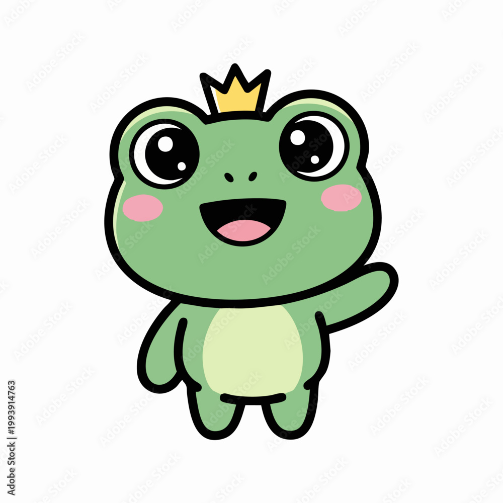 Fototapeta premium Cute cartoon frog wearing a golden crown waving hello with a smile.