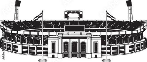 Classic multi-tiered sports stadium with floodlights and flags vector illustration