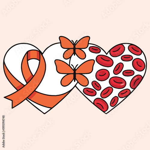 Three hearts with orange ribbon, butterflies, and red blood cells representing blood awareness.
