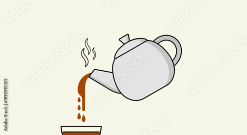Hot Beverage Pouring From Teapot into Cup, Steaming Drink, Simple Flat Illustration