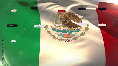 Wind gust starting, Mexican emblem rippling, badges popping and clustering, settling to show counts