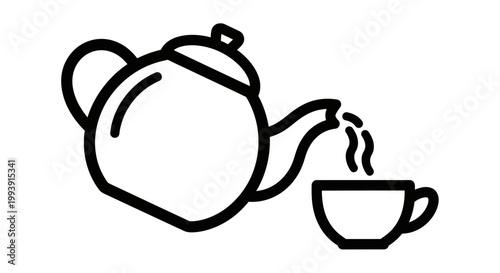 Hot Tea Pouring From Kettle Into Cup, Minimalist Line Art Icon