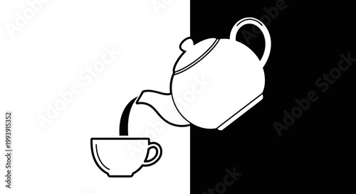 Minimalist illustration of tea being poured from a teapot into a cup on a black and white background.