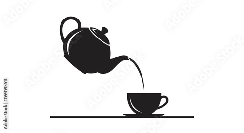 Silhouette of teapot pouring tea into a cup and saucer, isolated on white