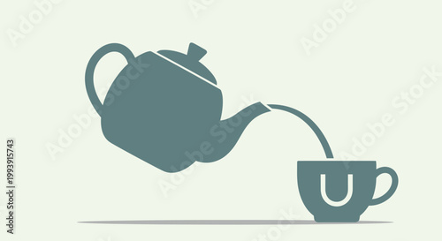 Teapot pouring hot beverage into a cup, minimalist flat design illustration