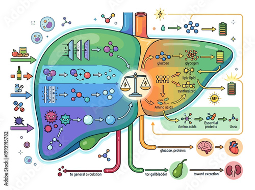 Modern flat vector infographic illustrating the human liver's vital metabolic functions, detoxification, and energy production.