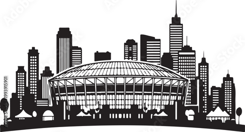 Modern city skyline with sports stadium silhouette vector illustration"