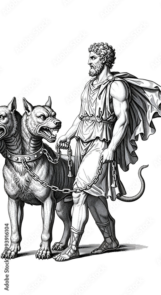 Obraz premium Ancient Greek Mythology Hercules Walking Cerberus Transparent Background Illustration