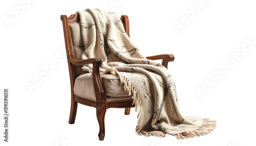 Antique Armchair With Cozy Cream Blanket and Fringes Isolated