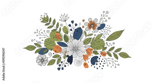 Abstract floral arrangement with leaves and berries.