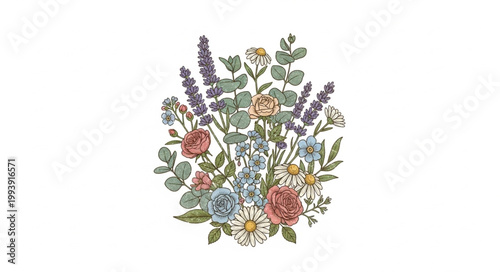 Beautiful floral arrangement with various flowers and herbs.