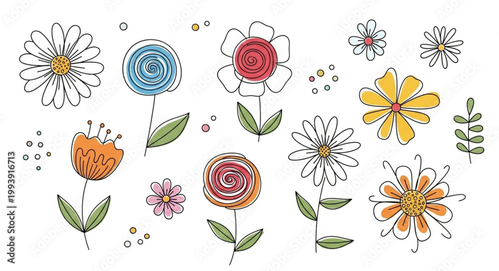 Fototapeta premium Collection of Hand Drawn Watercolor Flowers and Leaves.