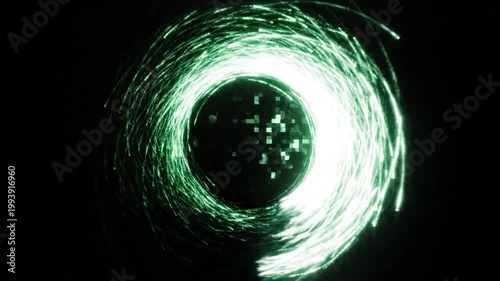 Abstract green light trails form spiral patterns against black backdrop