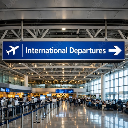 Airport Terminal with Clear International Departures Sign and People