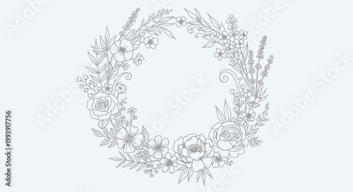 Delicate botanical wreath illustration featuring an intricate arrangement of flowers and leaves for decorative use