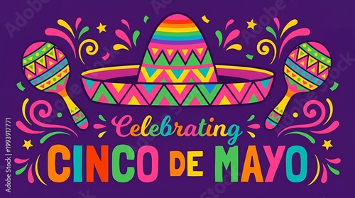 Vibrant sombrero and maracas with celebrating cinco de mayo text on purple background celebration mexican