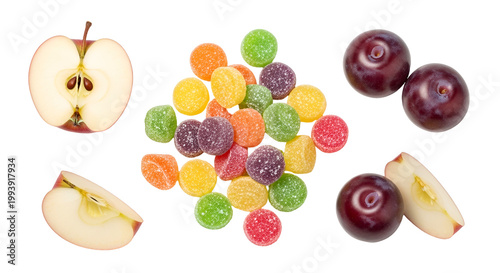 Assorted Colorful Gummy Candies and Fresh Plums Apple Slices Isolated Transparent Background