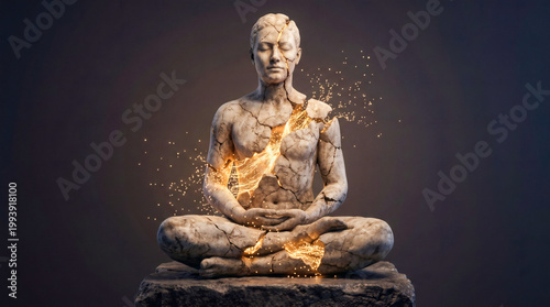 Cracked statue glowing with energy symbolizing healing and inner power