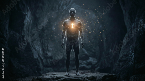 Glowing human figure with keyhole chest symbolizing inner strength and purpose