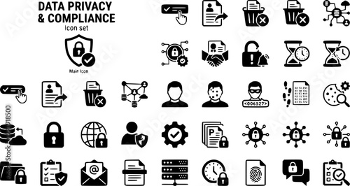 Data Privacy Compliance Icon Set Consent Banner Data Subject Request Right To Erase Data Map DPA Agreement Breach Notify Anonymize Pseudonymize Audit Trail Vector