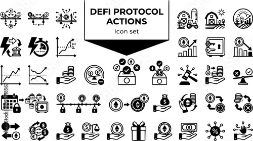 DeFi Protocol Actions Icon Set Liquidity Pool Yield Farm Stake Unstake Borrow Repay Flash Loan Bridge Wrap Swap Slippage Governance Vote Vesting Vector