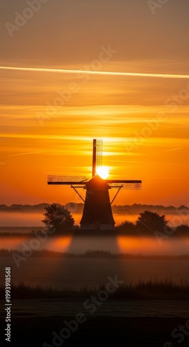 Stunning Sunrise over a Traditional Dutch Windmill in a Misty Landscape.