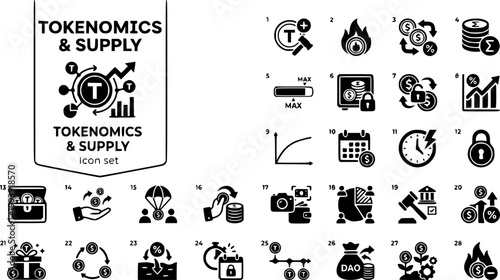 Tokenomics Supply Icon Set Mint Burn Circulating Supply Vesting Cliff Inflation Rate Emissions Curve Token Lock Treasury Buyback Airdrop Claim Snapshot Distribution