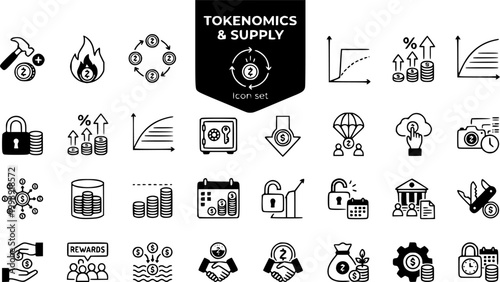 Tokenomics Supply Icon Set Mint Burn Circulating Supply Vesting Cliff Inflation Rate Emissions Curve Token Lock Treasury Buyback Airdrop Claim Snapshot Distribution