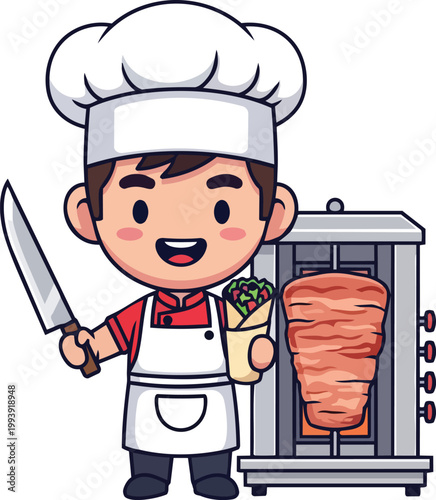 A chef prepares delicious food on a vertical spit grill outdoors.