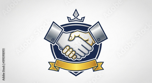 Handshake logo with sword and crown on blue circle and golden ribbon symbolizing partnership and agreement